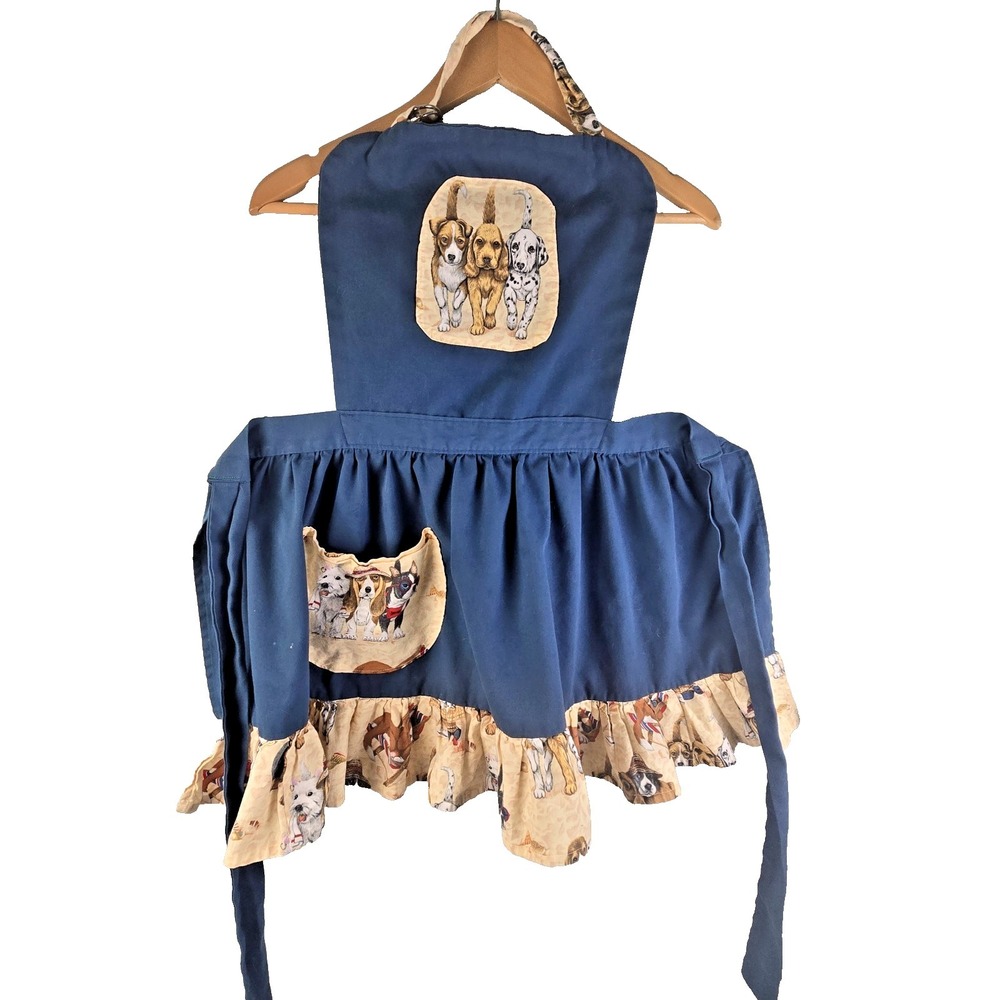 Marimode Navy Blue Dog Print Ruffled Kitchen Apron Puppy Patch One Size